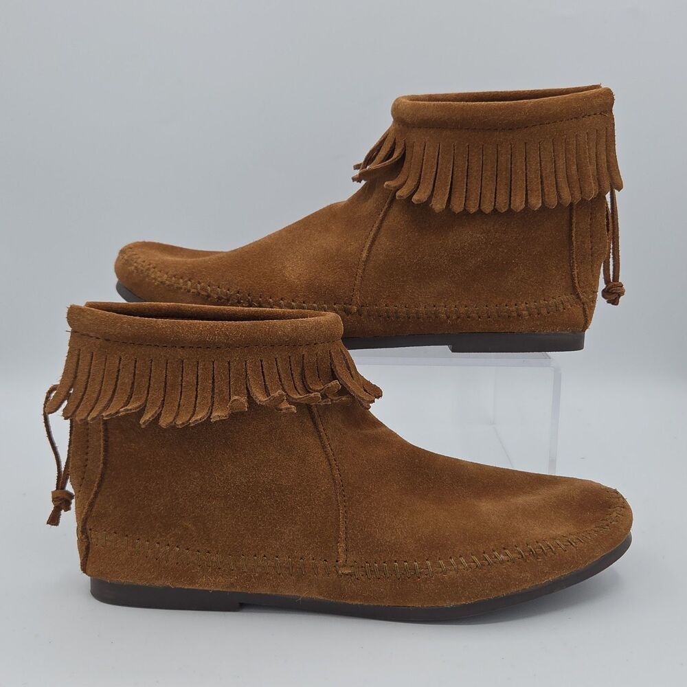 Minnetonka Back Zip Ankle Boots Dusty Brown Suede Fringe 283 Womens Size 9 NWOB